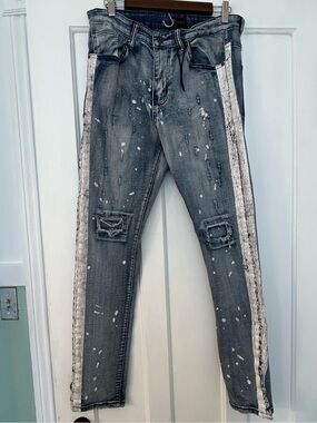 Waimea Men’s Jeans Size 34 Skinny Fit Paint Splatter Distressed Blue